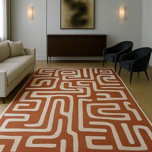 Textured Wool Rug, Terracotta Clay And Cream Hand-Tufted High-Low Pile