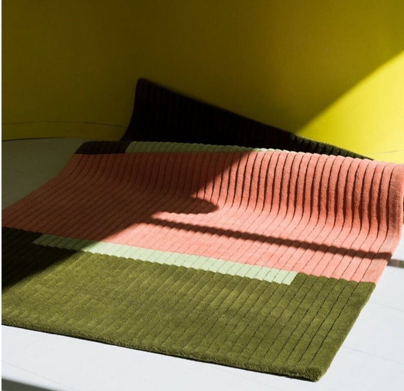 Handwoven Ribbed Rug, Olive Green Terracotta Color Block, Modern ...