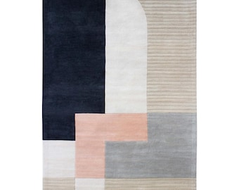 Modern Abstract Geometric Area Rug, Navy Beige Contemporary Carpet, Minimalist Home Decor