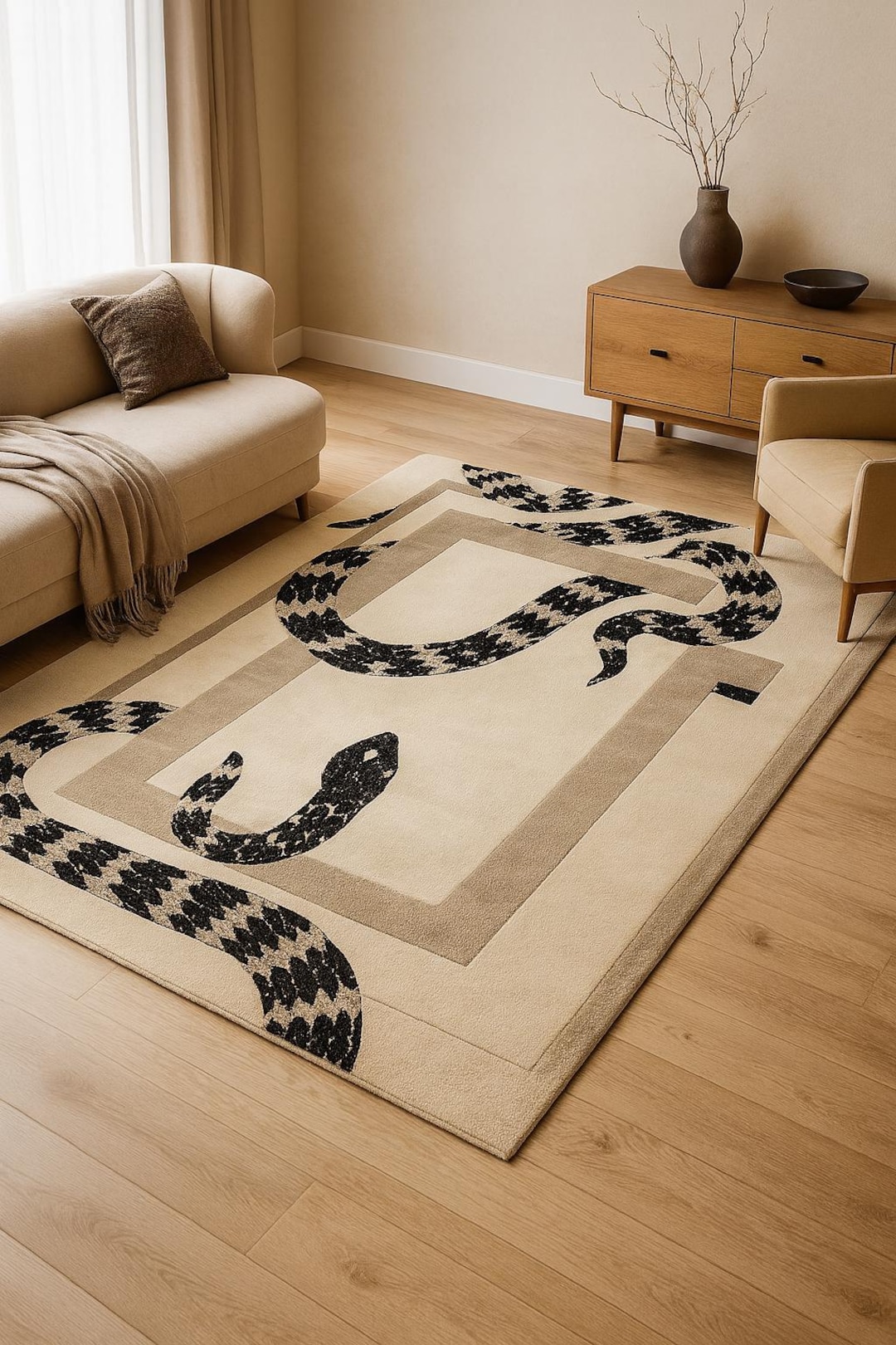 Hand-tufted Wool Area Rug: Modern Beige & Black Snake Design - Etsy