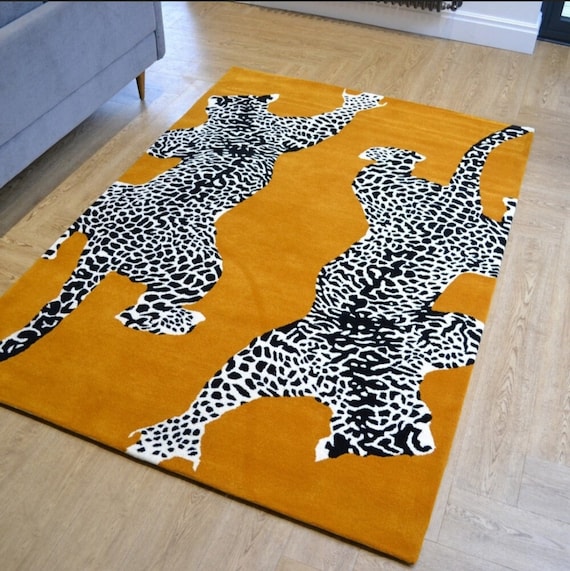 Hand-tufted Wool Rug: Orange Climbing Leopard Print, Kids Area Rug