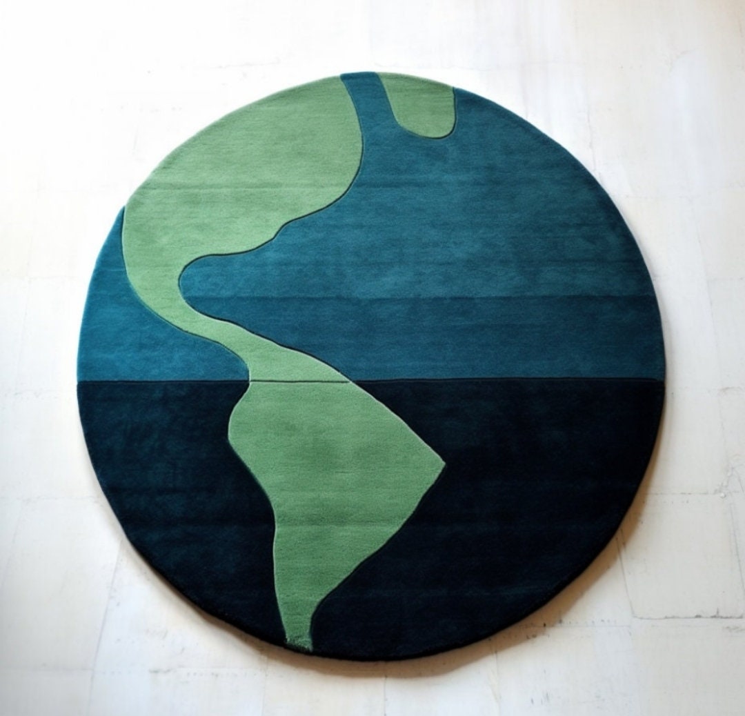Globe Design Blue and Green Round Hand Tufted Handmade Rug for Living ...
