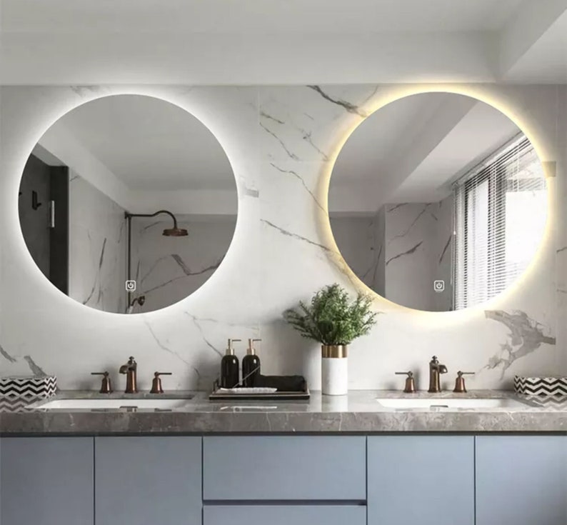 Led Round Bathroom Mirror With Lights Smart Dimmable Vanity Etsy
