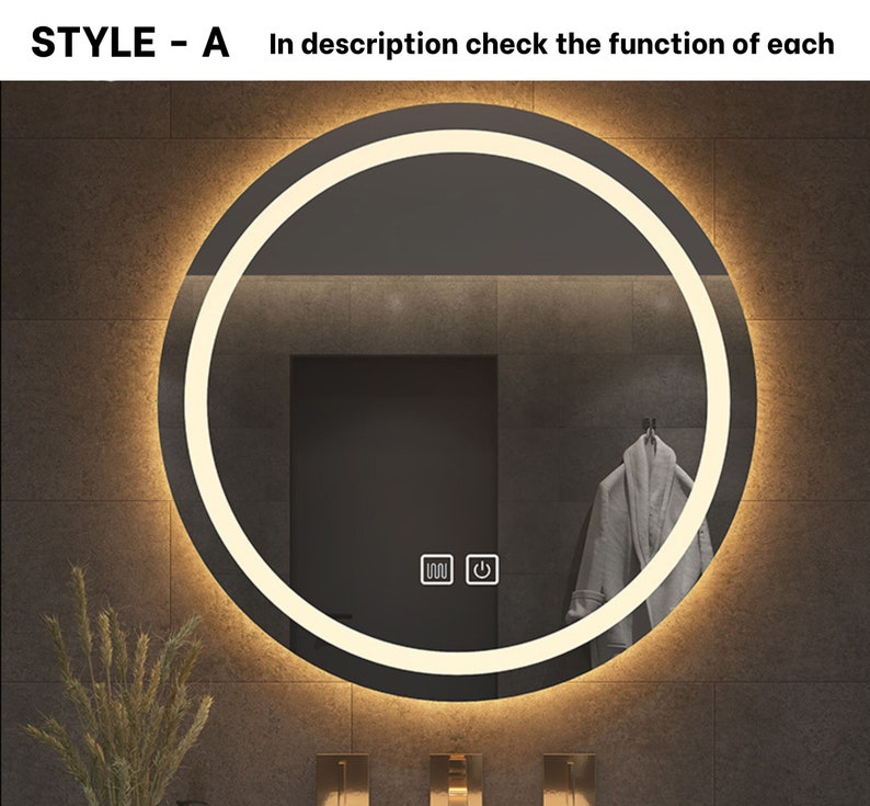 Led Round Bathroom Mirror With Lights Smart Dimmable Vanity Etsy