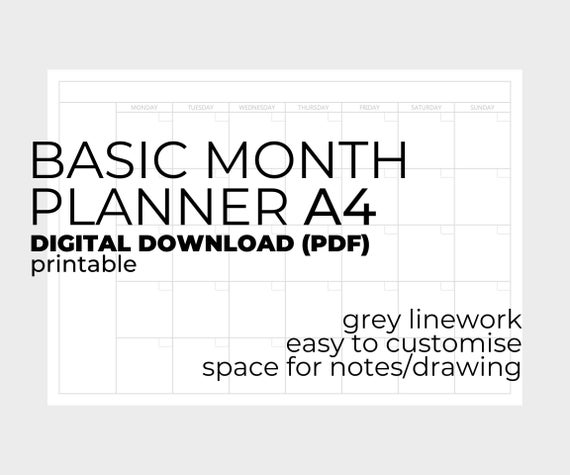 Blank Printable Basic Month Calendar Planner A4 Grey - Etsy