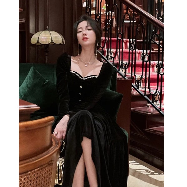 Frauen Winter Ventil Kleid-Schwarz Samt Kleid-Elegante Hochzeitsfeier Samt Kleid-Langarm Kleid-Geschenk für Sie