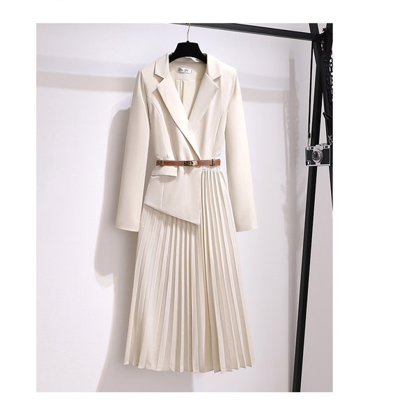 Robe Blazer vintage à ceinture plissée pour femmes, robe élégante à manches longues et col en V pour dames de bureau, ajustée et évasée