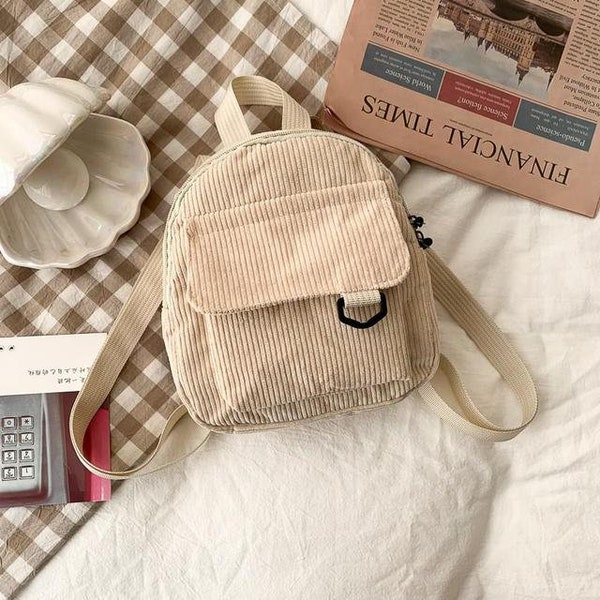 Fashion Women Cute Mini Backpack, Solid Color Small Corduroy Backpacks, Canvas Aesthetic Backpack