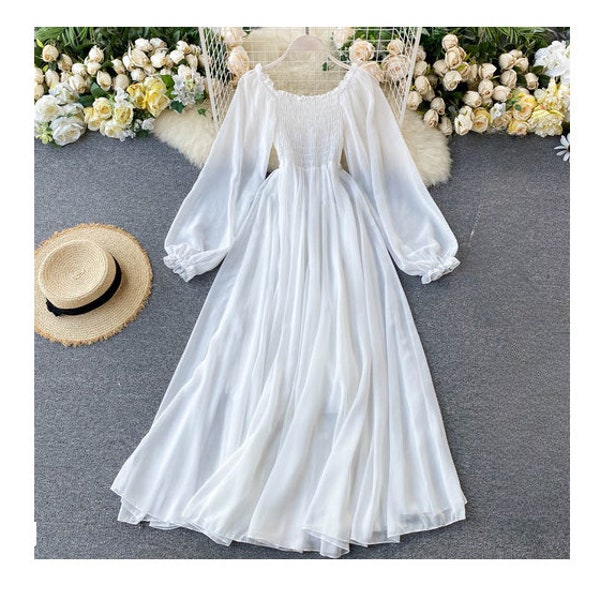 Cute White Summer Cardigan Long Dress, Puff Sleeves Empire Waist Dress, Boho Maxi Dress, Flowy Dress