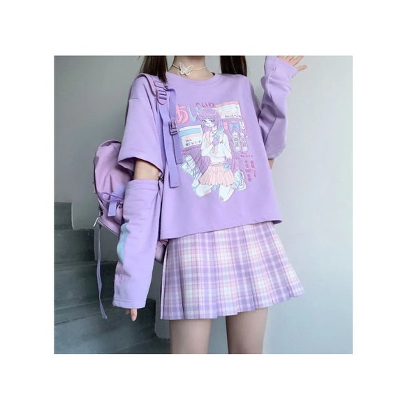 Japanisches Streetwear Fairy Core T-Shirt, Harajuku Shirt mit Armbedeckung, Anime Streetwear Kawaii Kleidung