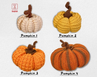 May include: Four crocheted pumpkins in different colors and patterns. The pumpkins are labeled "Pumpkin 1", "Pumpkin 2", "Pumpkin 3", and "Pumpkin 4".
