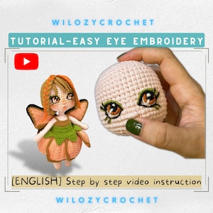 May include: A crochet tutorial showing how to embroider eyes on a crocheted doll head. The doll head is pink and the eyes are brown with green accents. The tutorial is in English.