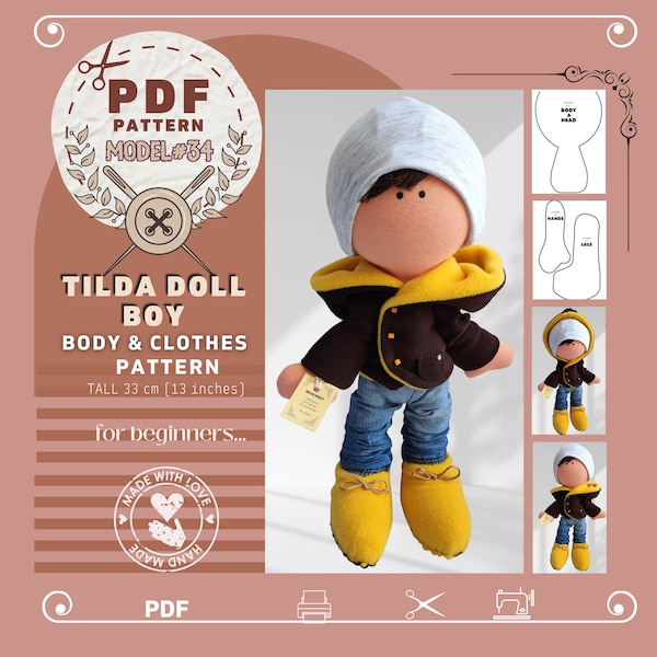 Boy Doll Pattern for Sewing- Body & Clothes- PDF Download