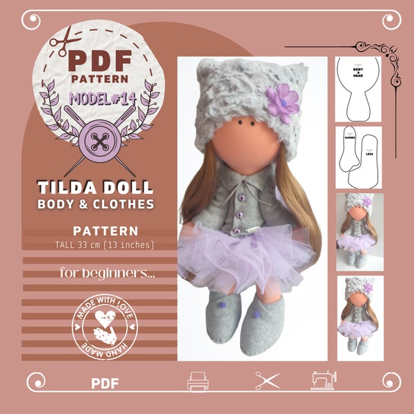 Tilda Puppe Schnittmuster für Körper und Kleidung, Größe 33 cm (13 inches)- Model #14- PDF Schnittmuster zum sofortigen Download