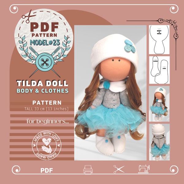 Tilda Doll Pattern for Body and Clothes, size 33 cm (13 inches)- Model #23- PDF Pattern instant Download