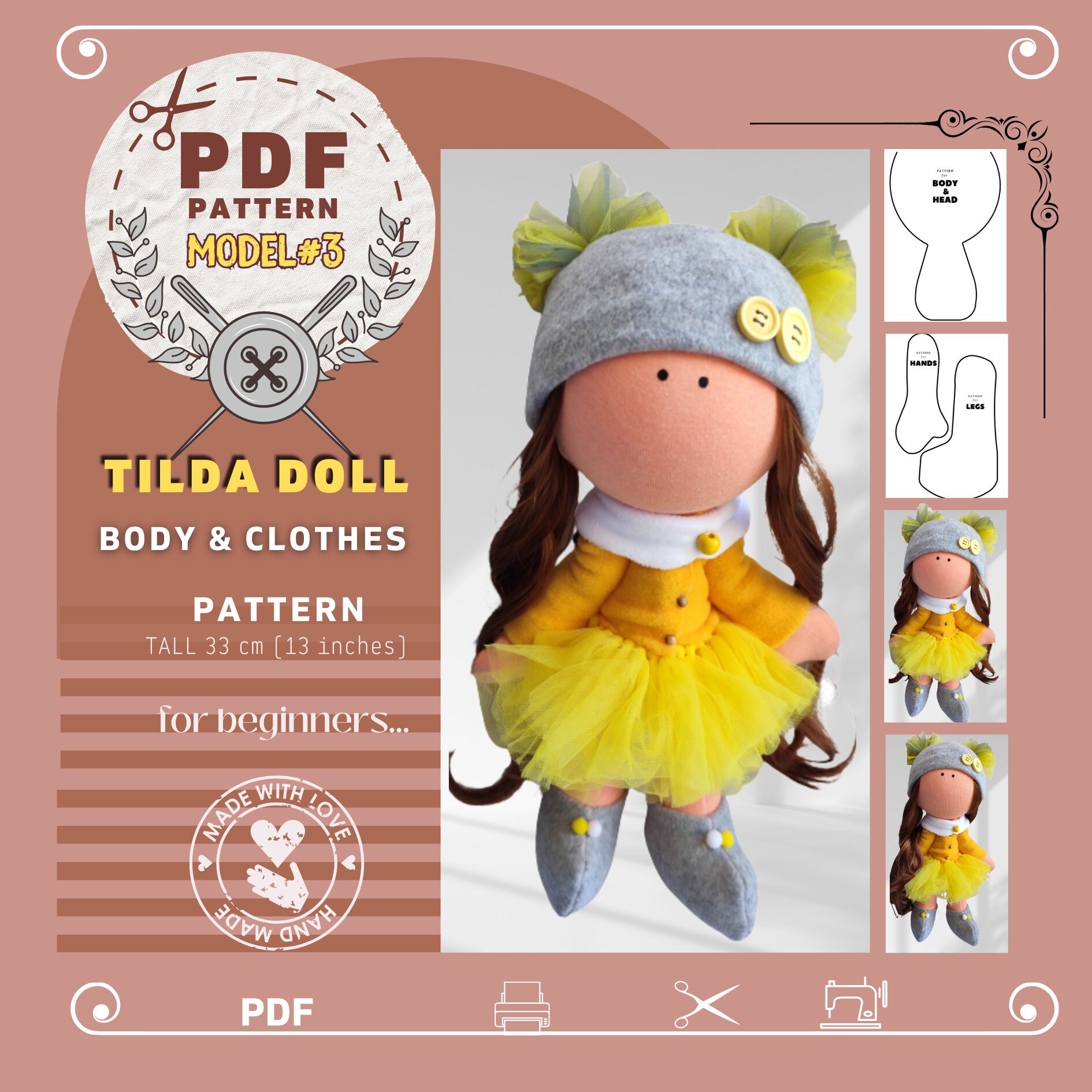 Textile interior doll body PDF pattern, Cute tilda doll template -  DailyDoll Shop