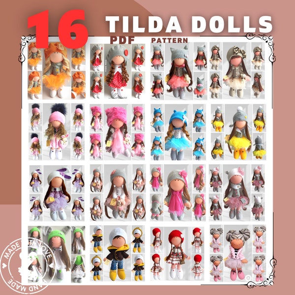 16 Tilda Doll Patterns for Body and Clothes, size 33 cm (13 inches)- PDF Pattern Digital DOWNLOAD