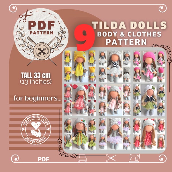 Lot de 9 modèles de poupées Tilda pour le corps et les vêtements, taille 33 cm (13 pouces) - Modèle PDF à télécharger instantanément