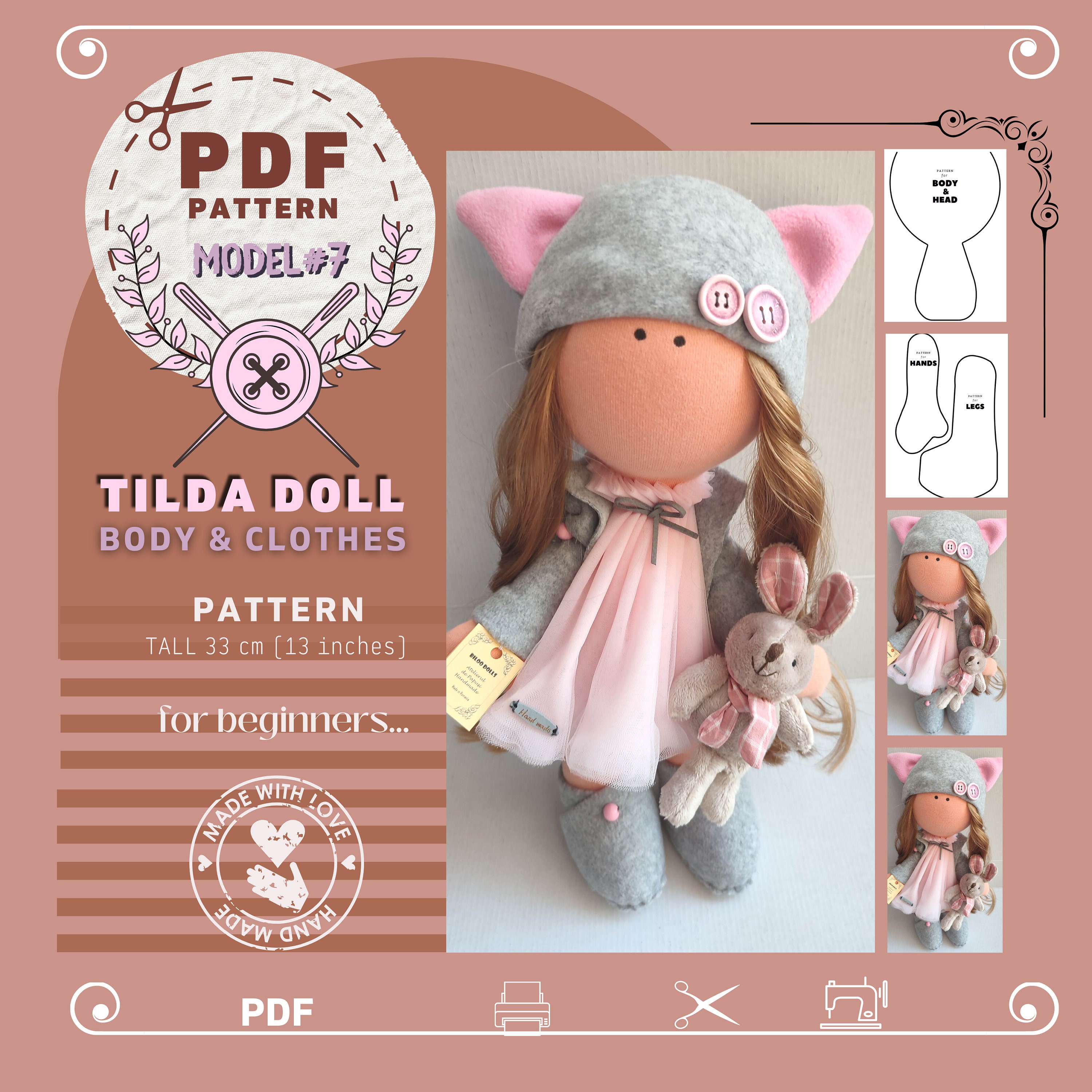 Textile interior doll body PDF pattern, Cute tilda doll template -  DailyDoll Shop