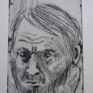 May include: A black and white etching of a man's face. The man has a beard and appears to be looking down.