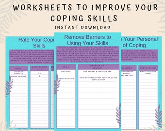 May include: Three printable worksheets with pink and purple borders and green leafy vines. The worksheets are titled "Rate Your Coping Skills", "Remove Barriers to Using Your Skills", and "Your Personal Plan of Coping". Each worksheet has a table with a list of skills and a rating scale.