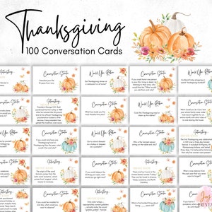 May include: A set of 100 conversation cards with a Thanksgiving theme. The cards feature a variety of questions and prompts to spark conversation at a Thanksgiving gathering. The cards are decorated with watercolour illustrations of pumpkins and autumn foliage.