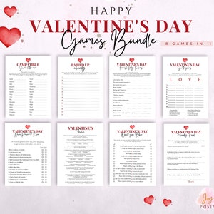 May include: A printable Valentine's Day game bundle with eight different games. The games include "Compatible Game", "Paired Up Already", "Finish My Phrase", "Scategories", "Never Have I Ever", "Valentine's Trivia", "Would You Rather", and "Friendly Food".