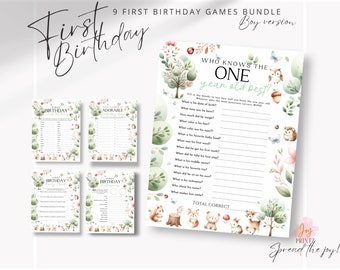 Woodland First Birthday Games Bundle for Him | 1st Birthday Boy Party Printable | Time Capsule | Wishes for the One Year Old and more!