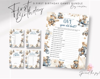 Blue Teddy First Birthday Games Bundle for Him | 1st Birthday Boy Party Printable | Time Capsule | Wishes for the One Year Old and more!