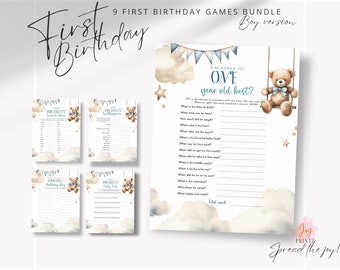 Blue Teddy First Birthday Games Bundle for Him | 1st Birthday Boy Party Printable | Time Capsule | Wishes for the One Year Old and more!