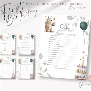 Pack de jeux pour le premier anniversaire de l'ours pour lui | Fête du 1er anniversaire à imprimer | Capsule temporelle | Meilleurs voeux pour un enfant d'un an et plus !