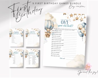 Teddy Balloon First Birthday Games Bundle for Him | 1st Birthday Boy Party Printable | Time Capsule | Wishes for the One Year Old and more!