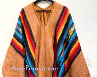 Beige rainbow Alpaca Poncho for men and woman, Length 67" Width 57" poncho alpaca wool, peru, poncho winter, shawl ethnic, peruvian ponchos