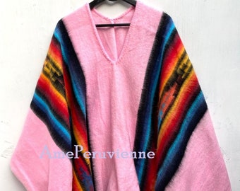 Pink rainbow Alpaca Poncho for men and woman, Length 67" Width 57" poncho alpaca wool, peru, poncho winter, shawl ethnic, peruvian ponchos