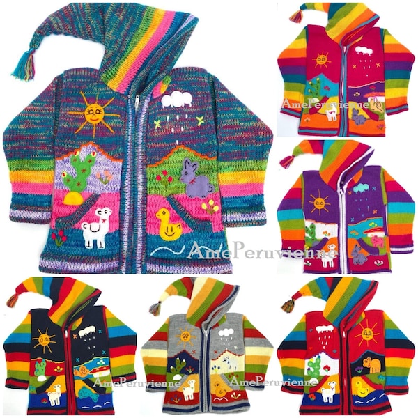 Pull à capuche péruvien pour enfants, cardigan en laine unique pour enfants du Pérou, veste en laine péruvienne pour tout-petits, pull brodé pour tout-petits pour enfants