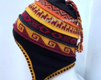 Black with Yellow Unisex Peruvian Alpaca Hat chullo with Earflaps 100% Lining Soft Fleece Lining Beanie hat alpaca chullo peruvian hat peru