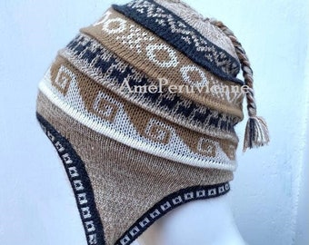 Hashed Light Beige Unisex Peruano Alpaca Hat chullo con orejeras 100% Forro Forro polar suave Beanie hat alpaca chullo peruvian hat peru