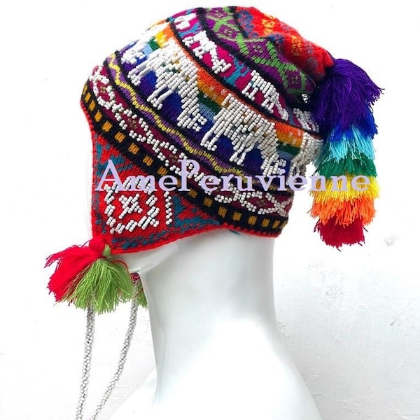 Véritable chapeau péruvien, chapeau péruvien unisexe, tricoté à la main, chapeau coloré, chullos péruviens, cache-oreilles andins, chapeau chullo péruvien