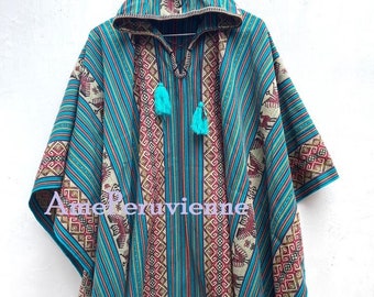 Alpaca Poncho Turquoise voor mannen en vrouwen, poncho alpacawol, Peru, poncho voor de winter, etnische sjaal, Peruaanse poncho's