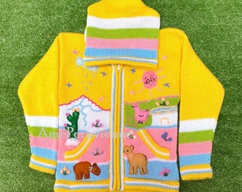 Yellow Children peruvian hoodie sweater, Unique Peru Kids Wool Cardigan, Peruvian toddler wool jacket, Toddler embroidered sweater kids