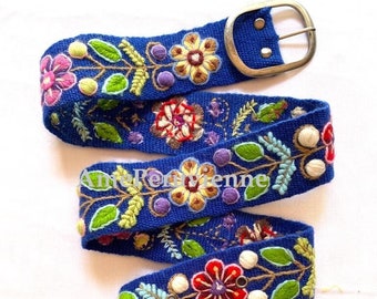 Ceinture brodée à la main Ceintures brodées péruviennes colorées florales bleues ceinture ethnique florale ceinture boho cadeaux de laine pour sa ceinture ethnique florale