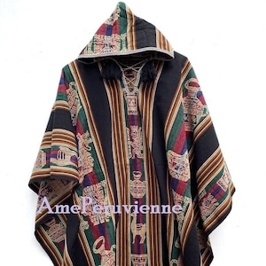 Poncho de Alpaca Negro para hombre y mujer, poncho de lana de alpaca, perú, poncho para invierno, chal étnico, ponchos peruanos