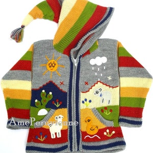 Children peruvian hoodie sweater, Unique Peru Kids Wool Cardigan, Peruvian toddler wool jacket, Toddler embroidered sweater kids Gray