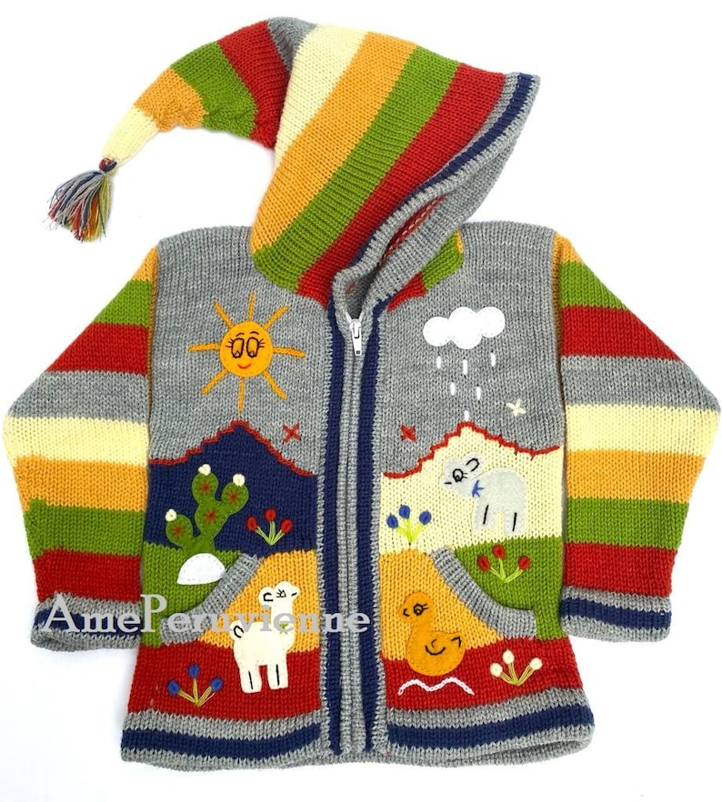 Children peruvian hoodie sweater, Unique Peru Kids Wool Cardigan, Peruvian toddler wool jacket, Toddler embroidered sweater kids Gray