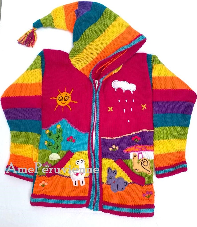 Children peruvian hoodie sweater, Unique Peru Kids Wool Cardigan, Peruvian toddler wool jacket, Toddler embroidered sweater kids Fucshia