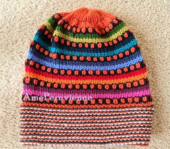 Unisex Multicolor Hand Knit Alpaca Beanie Hat Cap - Etsy display picture 2