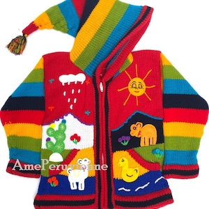 Pull à capuche péruvien pour enfants, cardigan en laine unique pour enfants du Pérou, veste en laine péruvienne pour tout-petits, pull brodé pour tout-petits pour enfants Red