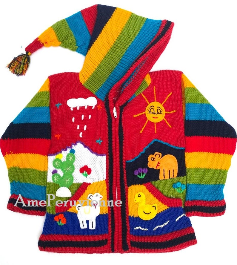 Children peruvian hoodie sweater, Unique Peru Kids Wool Cardigan, Peruvian toddler wool jacket, Toddler embroidered sweater kids Red