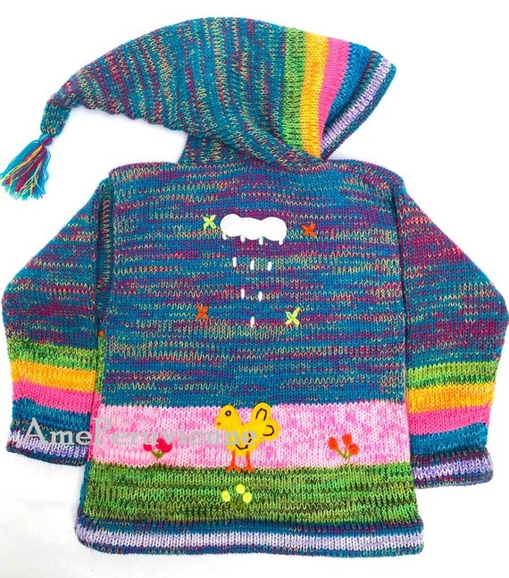Maglione con cappuccio peruviano per bambini arcobaleno, cardigan