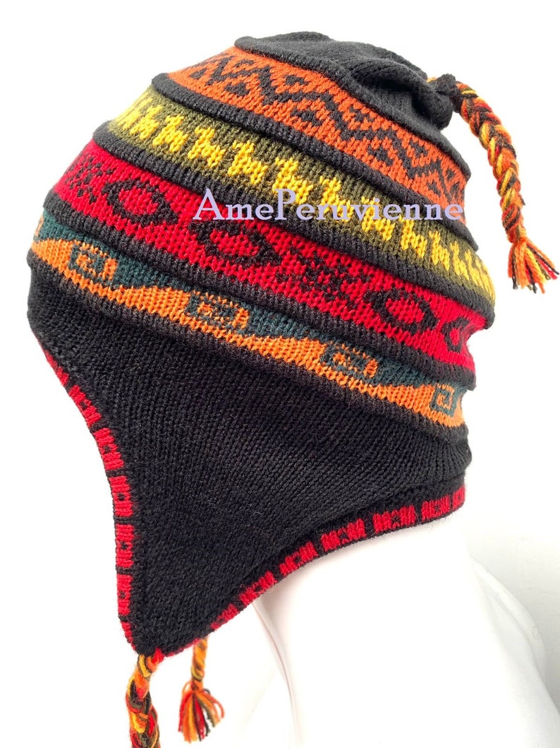 Bonnet chullo unisexe en alpaga péruvien avec oreillettes 100 % doublure, bonnet doublure en polaire douce, chapeau péruvien chullo en alpaga, chapeau péruvien, chapeau en alpaga BLACK WITH RED